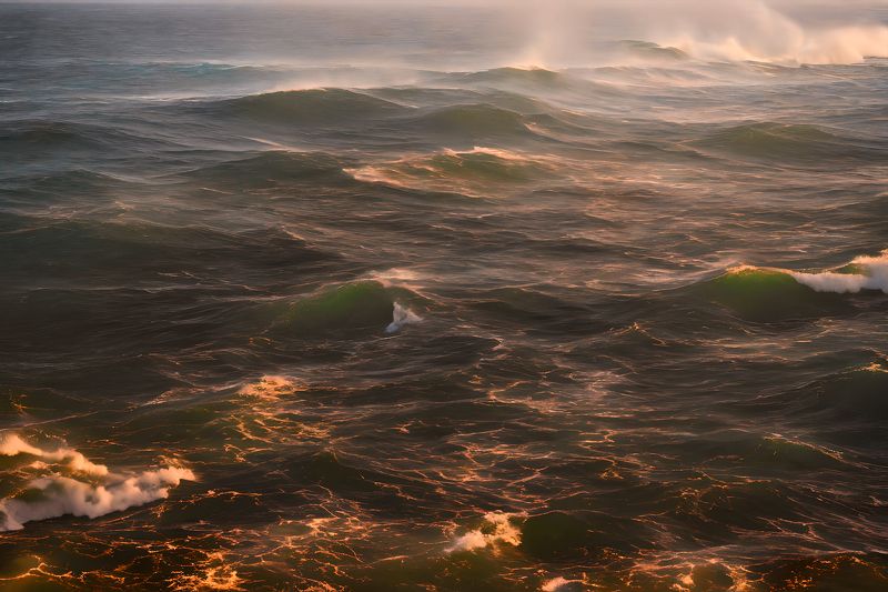 дрон, аэросъемка, волны, океан, море, волны, шторм, сильный ветер, брызги, сияние солнца, мягкий свет, мягкий свет, градиент, атмосферное фото, теплый свет Сияние морских пучин фото превью