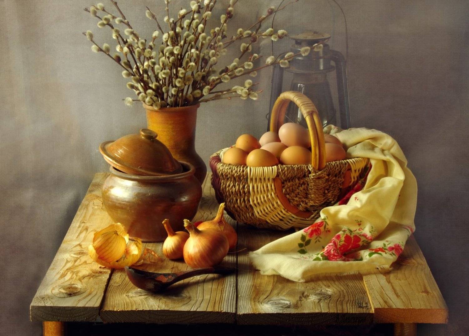 букет вербы, изделия из глины, пасхальные яйца, пасхальный натюрморт, Вера Павлухина