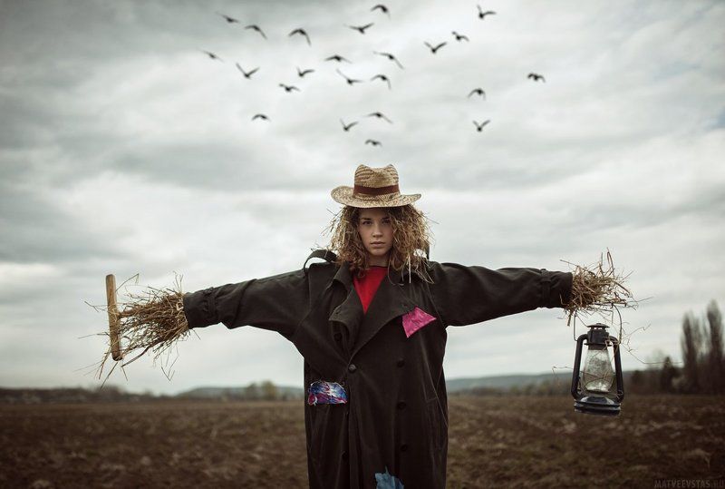 Небо, Плащ, Поле, Птицы, Пугало, Солома, Фонарь Пугало фото превью