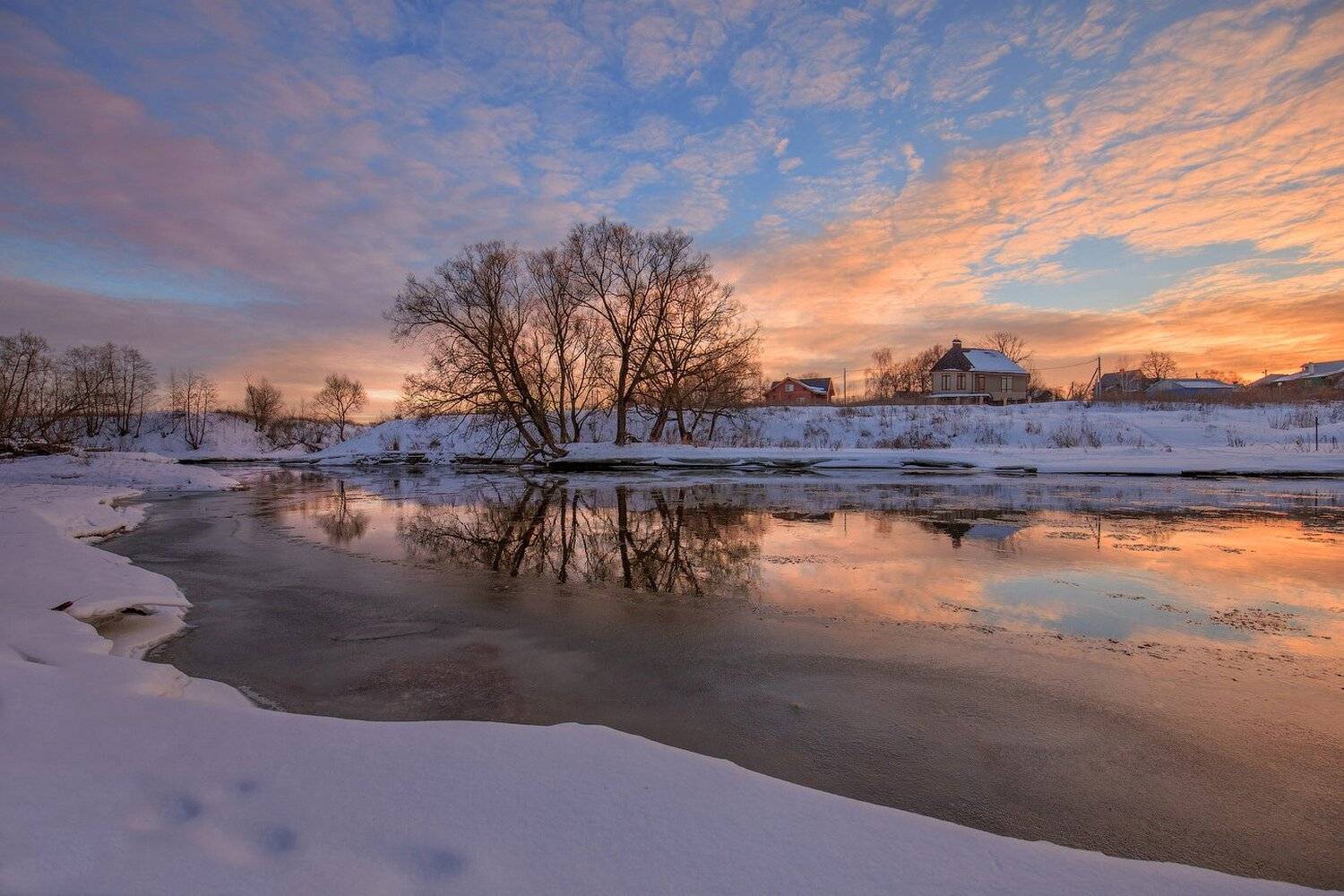 вечер, закат, зима, небо, река, снег, Виктор Климкин