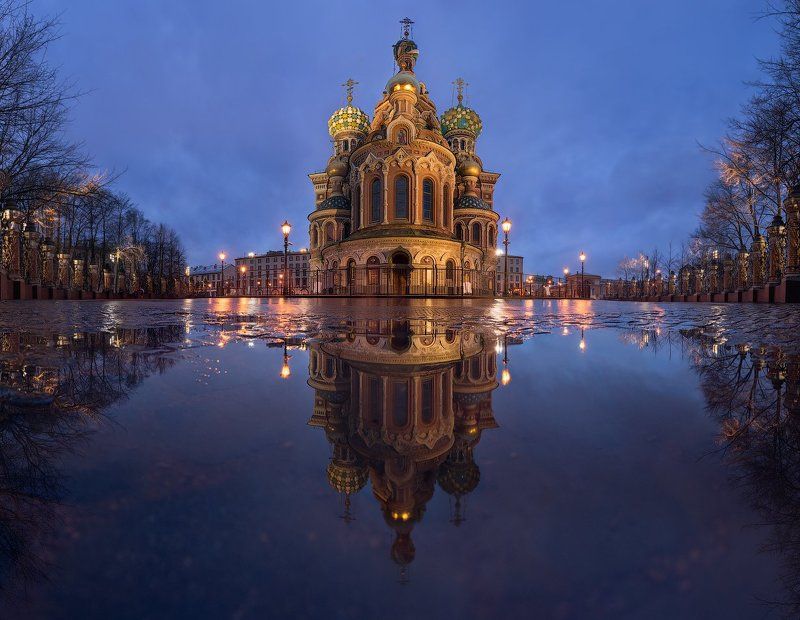 Вечер, Дождь, Ливень, Отражения, Панорама, Санкт петербург, Храм Вечерний Петербург. Спас на Крови фото превью
