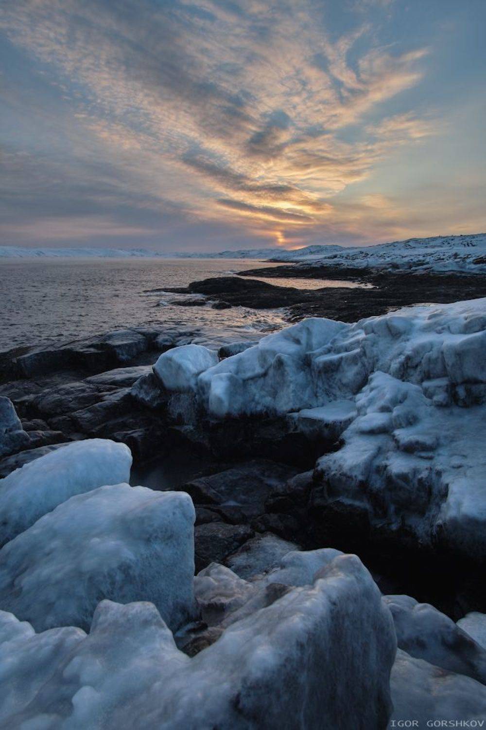 баренцево море,север,кольский,зима,лёд,камни,берег,териберка,рассвет,заполярье, Горшков Игорь