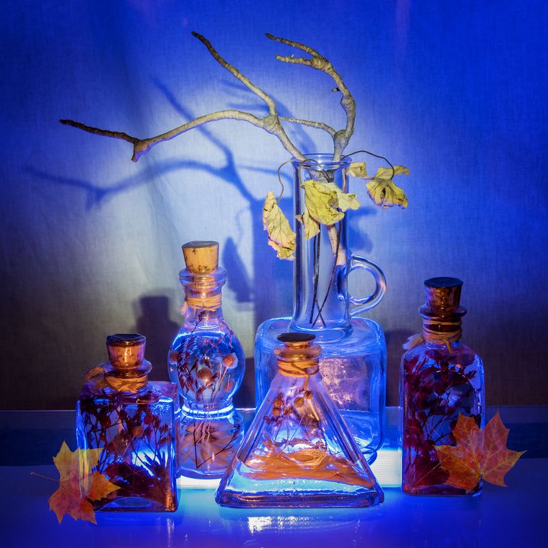 blue, bottles, color, colors, color image, decorative, decorative bottles, glass, leaf, leaves, light, lights, photography, still life, Glass and Light #4 фото превью