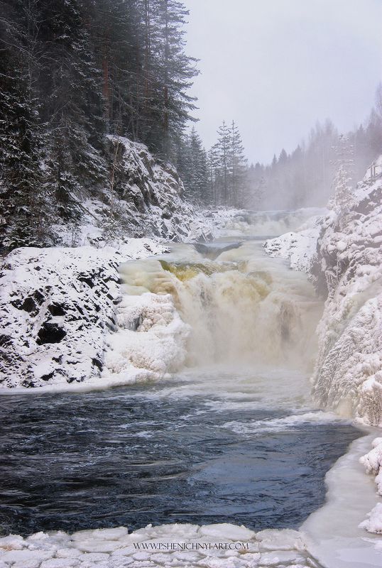 водопад, зима, кивач, карелия, снег, скалы, пейзаж Водопад Кивач фото превью