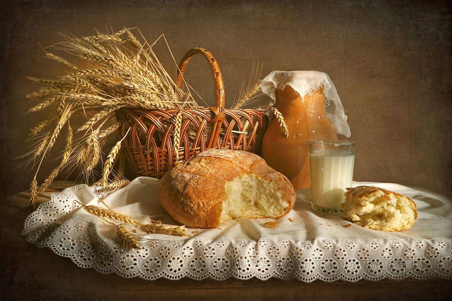 натюрморт,хлеб,кувшин,молоко,корзина,колоски, Алла Шевченко