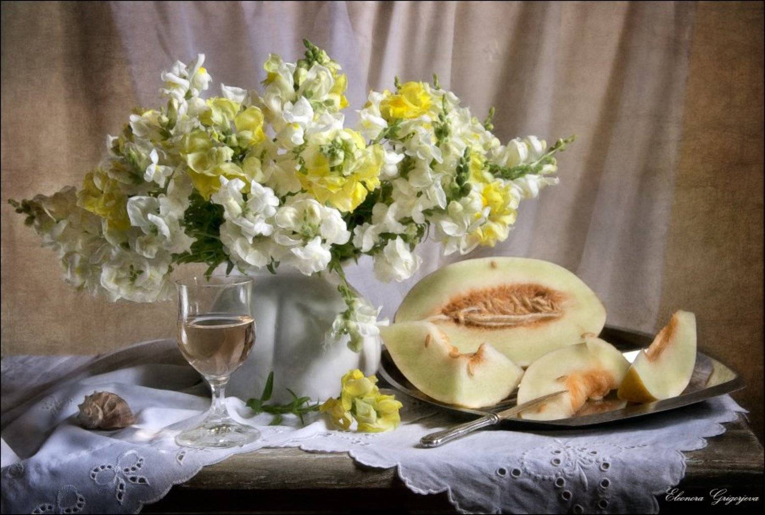 вино, дыня, левкои, лето, натюрморт, цветы, Eleonora Grigorjeva