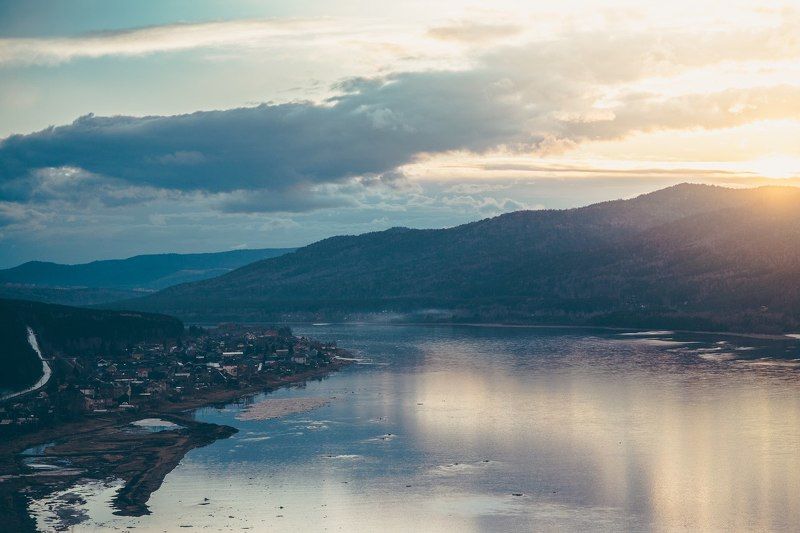 Город, Дивногорск, Енисей, Закат, Красноярск, Овсянка, Россия На закате фото превью