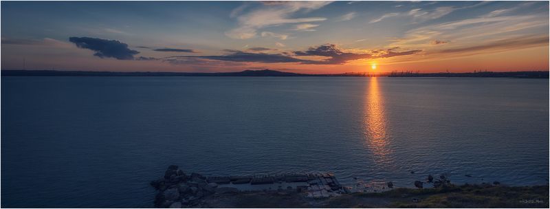 Азовское море, Берег, Город, Закат, Камни, Крым, Море, Небо, Панорама, Черное море ...Керченский Закат... фото превью