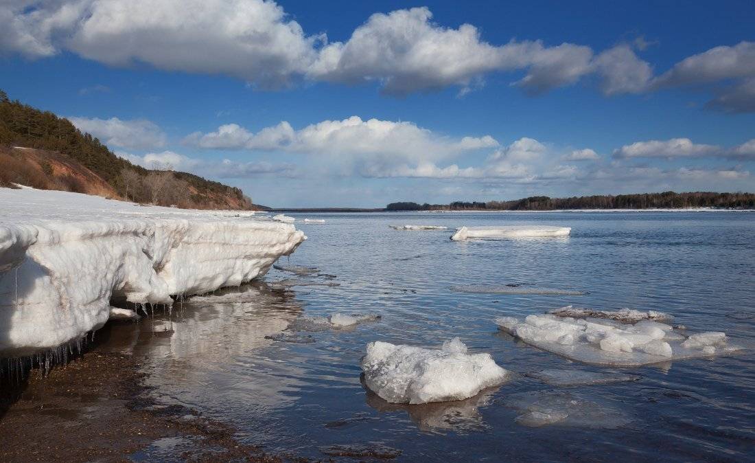 Река снег лес льдины облака отражения весна Кама, Георгий Машковцев