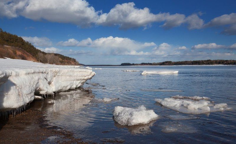Река снег лес льдины облака отражения весна Кама Весенние льды фото превью