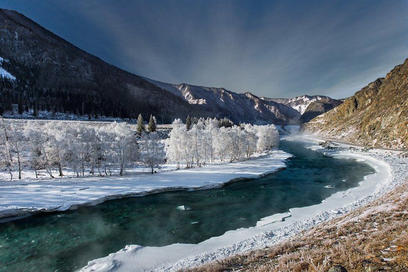 Алтай, Сибирь, Река Сертек, Мороз, Пейзаж, Природа Утро морозного дня фото превью
