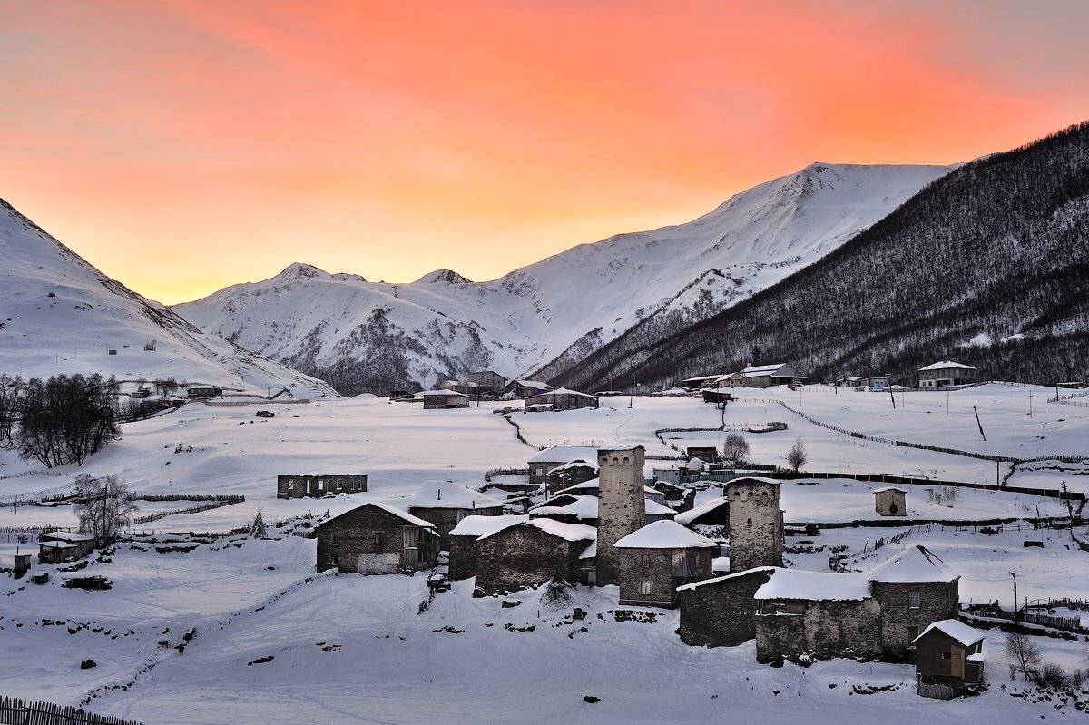 зима, рассвет, утро, Грузия, Сванетия, Ушгули, Elwira  Podolinska