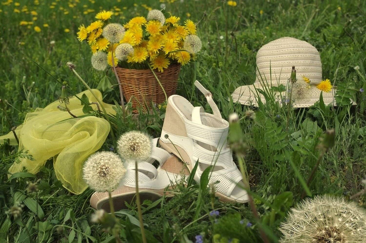 Босоножки, Букет с одуванчиками, Шляпка, Вера Павлухина