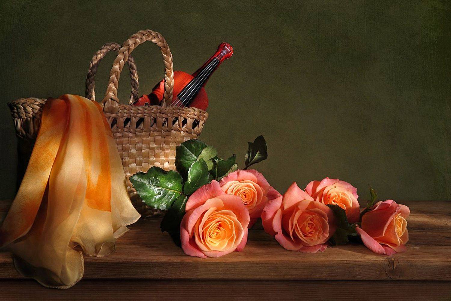 натюрморт,розы,корзина,шарф,, Алла Шевченко