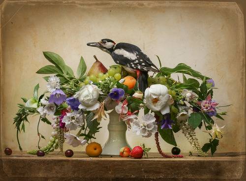 Натюрморт с фруктовницей и дятлом