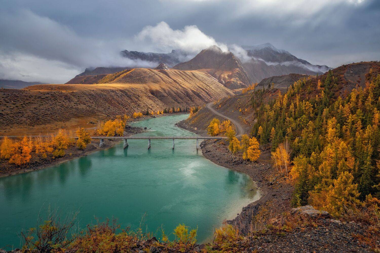 горный алтай,осень,пасмурное утро,морось,тучи,река катунь,мост, Лора Павлова