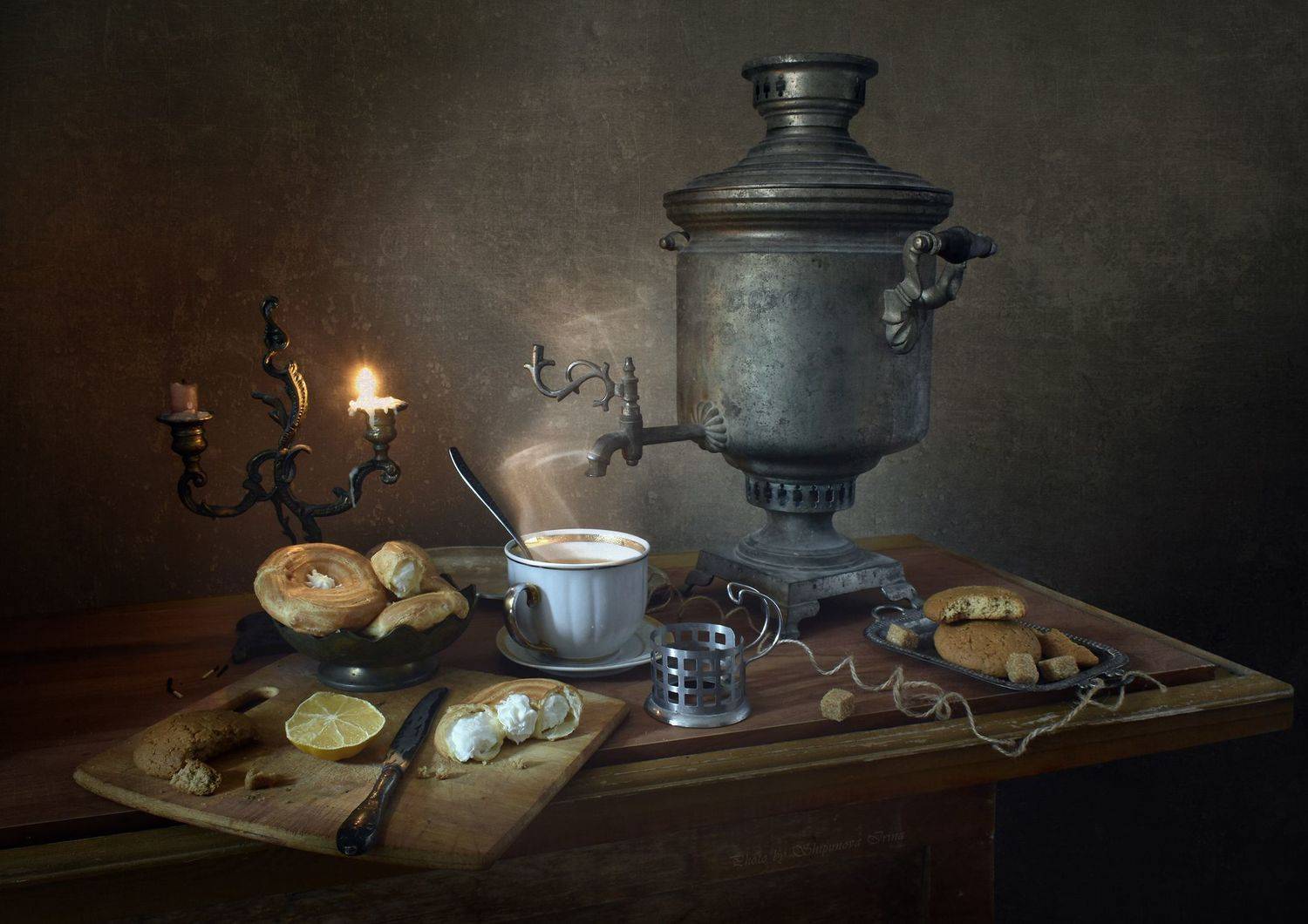 зимнее чаепитие, самовар, овсяное печенье, эклеры с творожным кремом, Шипунова Ирина