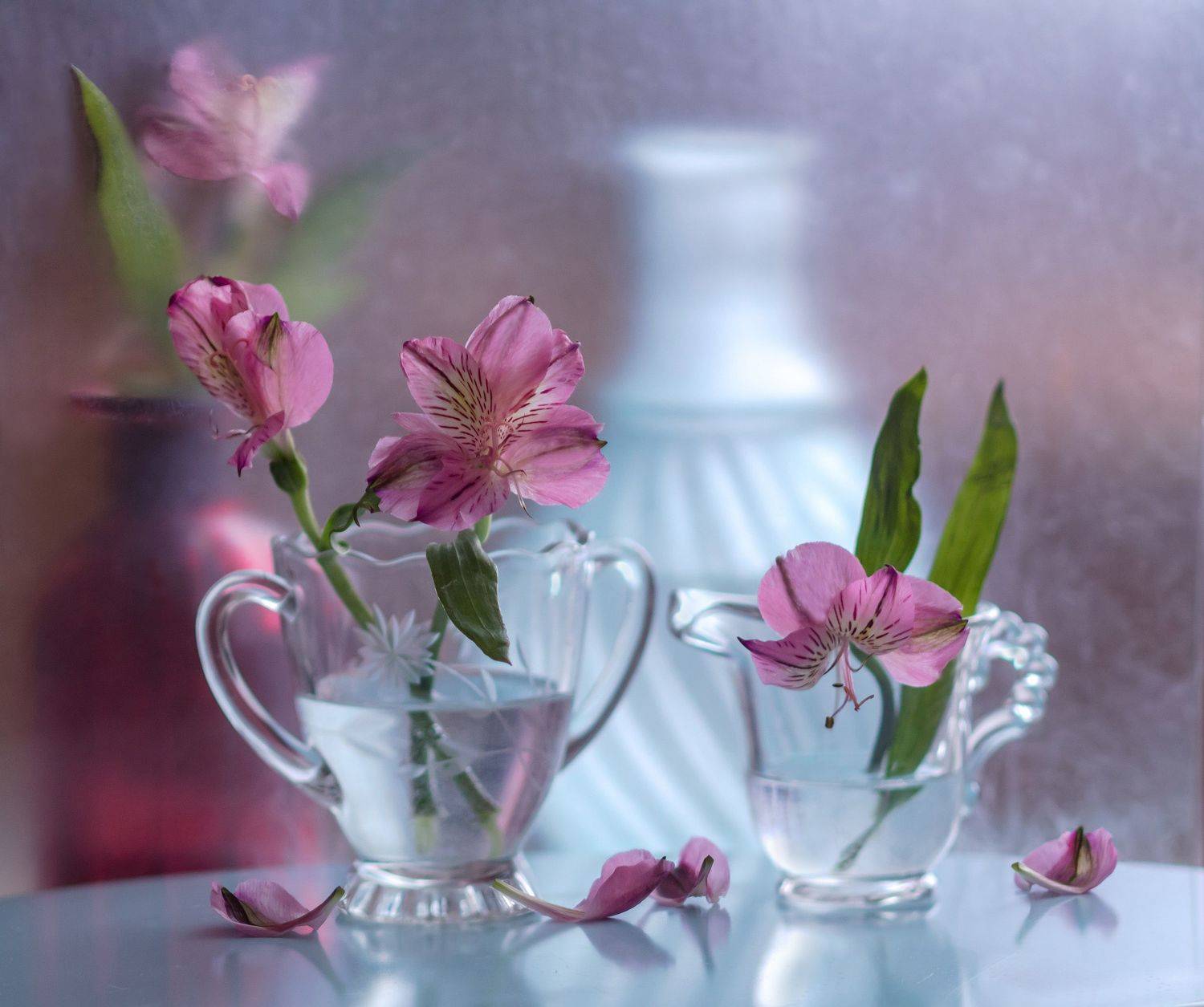 натюрморт,цветы,этюд,вазы,стекло,розовое,лепестки,, Антонина Яновска