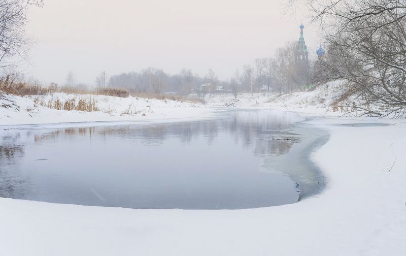 зима, река, клязьма, храм Клязьма фото превью