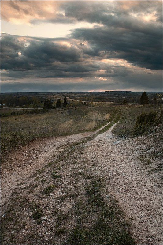 природа, россия, пейзаж, небо, облака, деревья, холм, дорога, вечер, закат, деревня *** фото превью