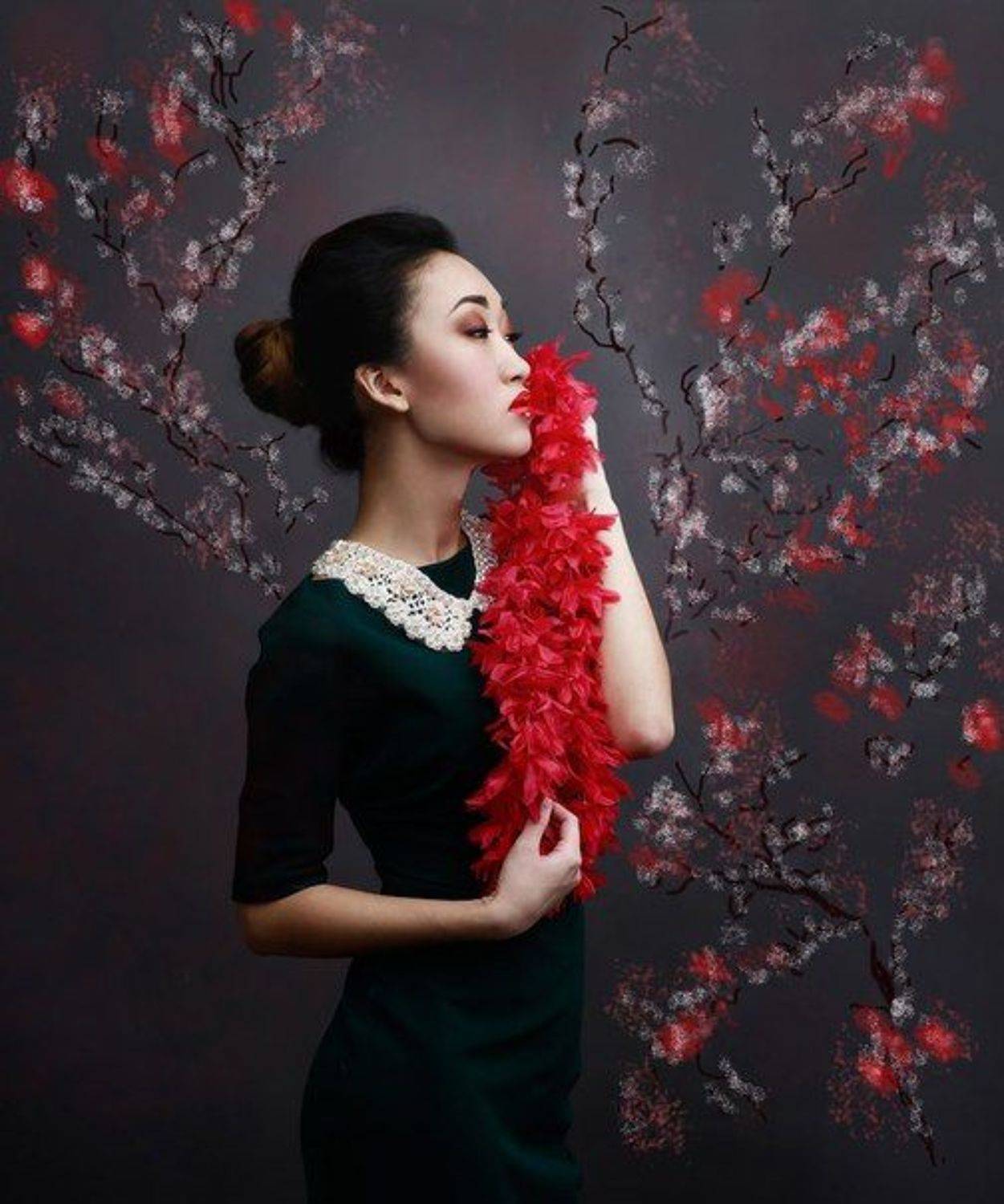 Девушка, портрет, весна, сакура, нежность, красный, цвет, новые, актуальные, лицо, руки, глаза, характер, Постонен Екатерина
