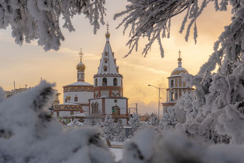 иркутск, зима, иней, рассвет Собор Богоявления фото превью