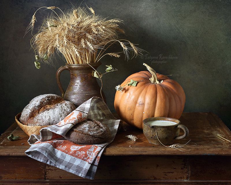 натюрморт, колосья, хлеб, молоко, тыква, деревенский Хлебно-злаковый фото превью