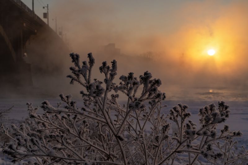 иркутск, ангара, туман, зима, рассвет Зимний рассвет у Глазковского моста фото превью