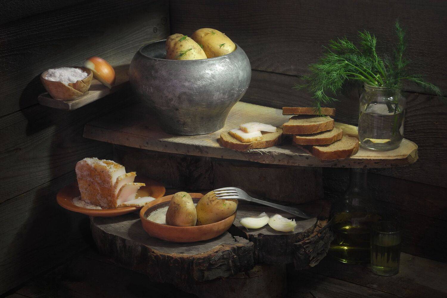 еда, ужин, обед, деревня, картошка, сало, хлеб,, Сергей Фунтовой