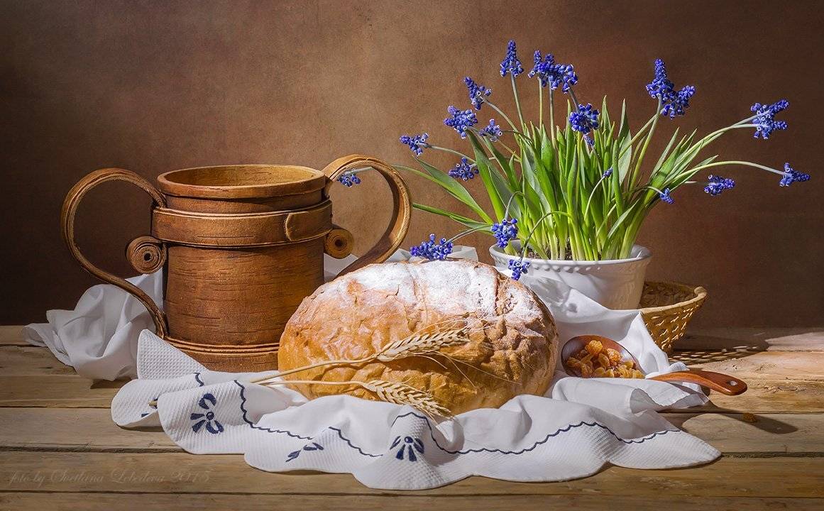 кружка,береста,цветы,мускари,хлеб, Светлана Л.