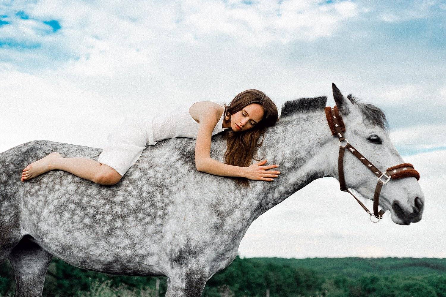Деревня, Красивая девушка, Лето, Лошадь, Небо, Природа, Семен Евлантьев