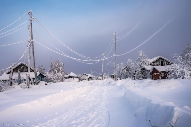 баская, пермский край, поселок, зима, снег, вечер, закат, деревня, пейзаж, гремячинский район Поселок Баская фото превью