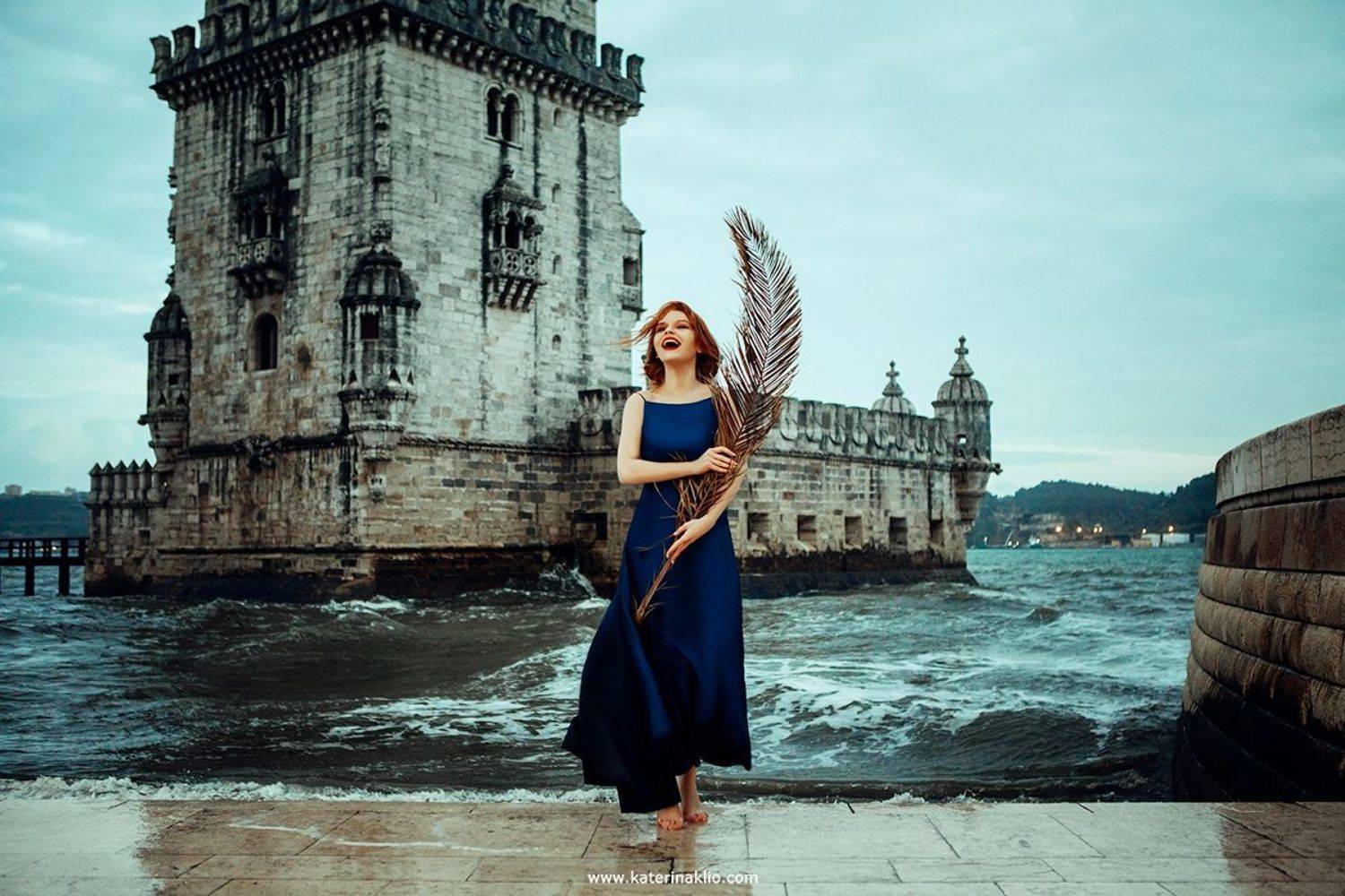 dancer, dance, palm, beach, belem, tower, queen, dark, sea, Portugal, Lisbon, waves, beauty, model, woman, blue, dress, feeling, beautiful, dark tower, Катерина Клио