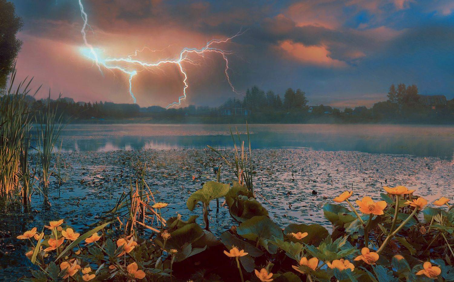 Ночь,река,молния,пруд,природа, Хагалас Мириам