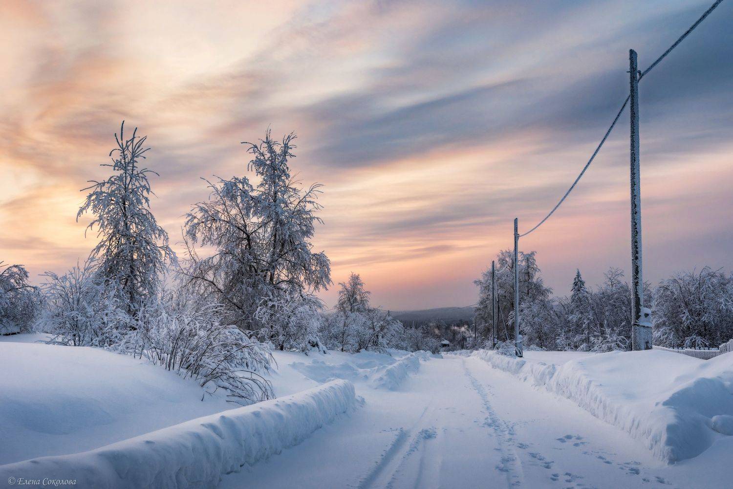 баская, пермский край, поселок, зима, снег, вечер, закат, деревня, пейзаж, улица, Соколова Елена