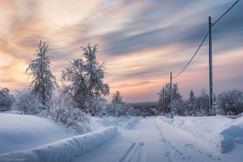 баская, пермский край, поселок, зима, снег, вечер, закат, деревня, пейзаж, улица Деревенская улица фото превью