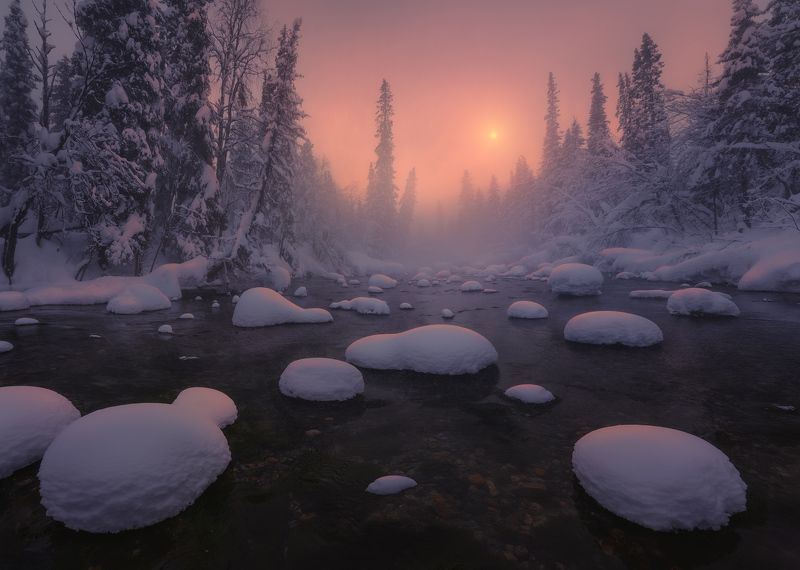 север, кольский, лес, зима, хибины, река Морозный закат на Кольском фото превью