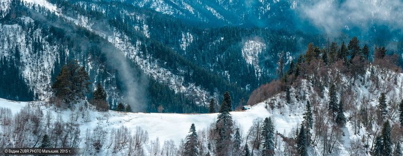 Панорама, Адыгея, Кавказ, Зима, снег, Пихты, балаган, zubrphoto Заброшенный приют фото превью