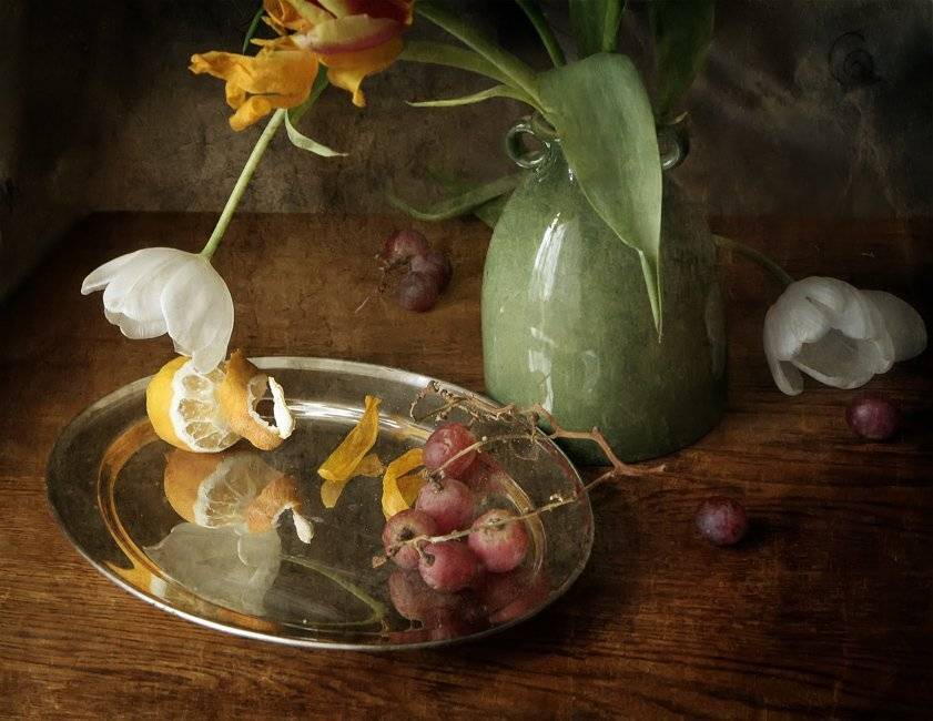 Ваза, Вечер, Виноград, Интерьер, Лимон, Натюрморт, Тюльпан, button