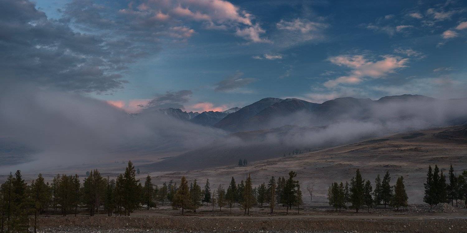 пейзаж, природа, панорама, хребет, курайский, алтай, сибирь, горы, высокий, большой, красивая, лес, сосны, туман, облака, утро, раннее, рассвет, Дмитрий Антипов