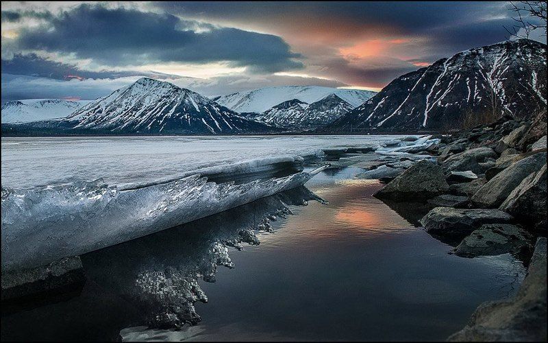 хибины, кольский, полночь, озеро, большой, вудъявр, вода, закат, облака, лёд, снег, весна, полярный, день Неделя до полярного дня фото превью