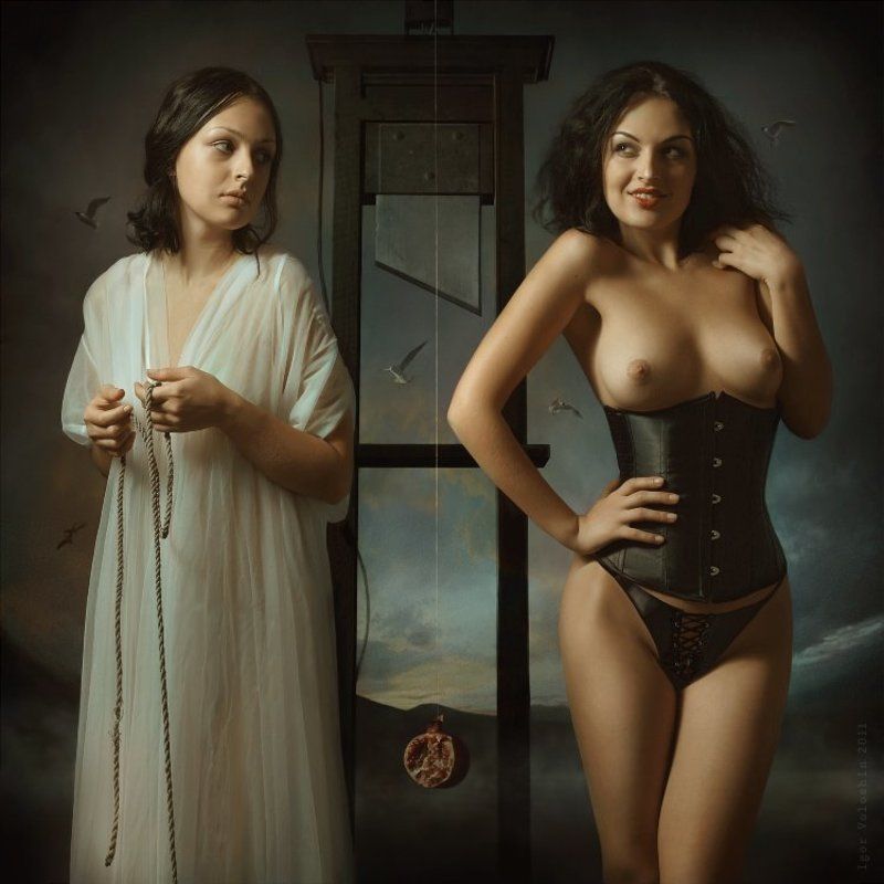 igor voloshin, voloshin, painting, surrealism, computer art, photography, art, woman, nude, two, the two sides, innocence, sin, temptation, garnet garnet фото превью