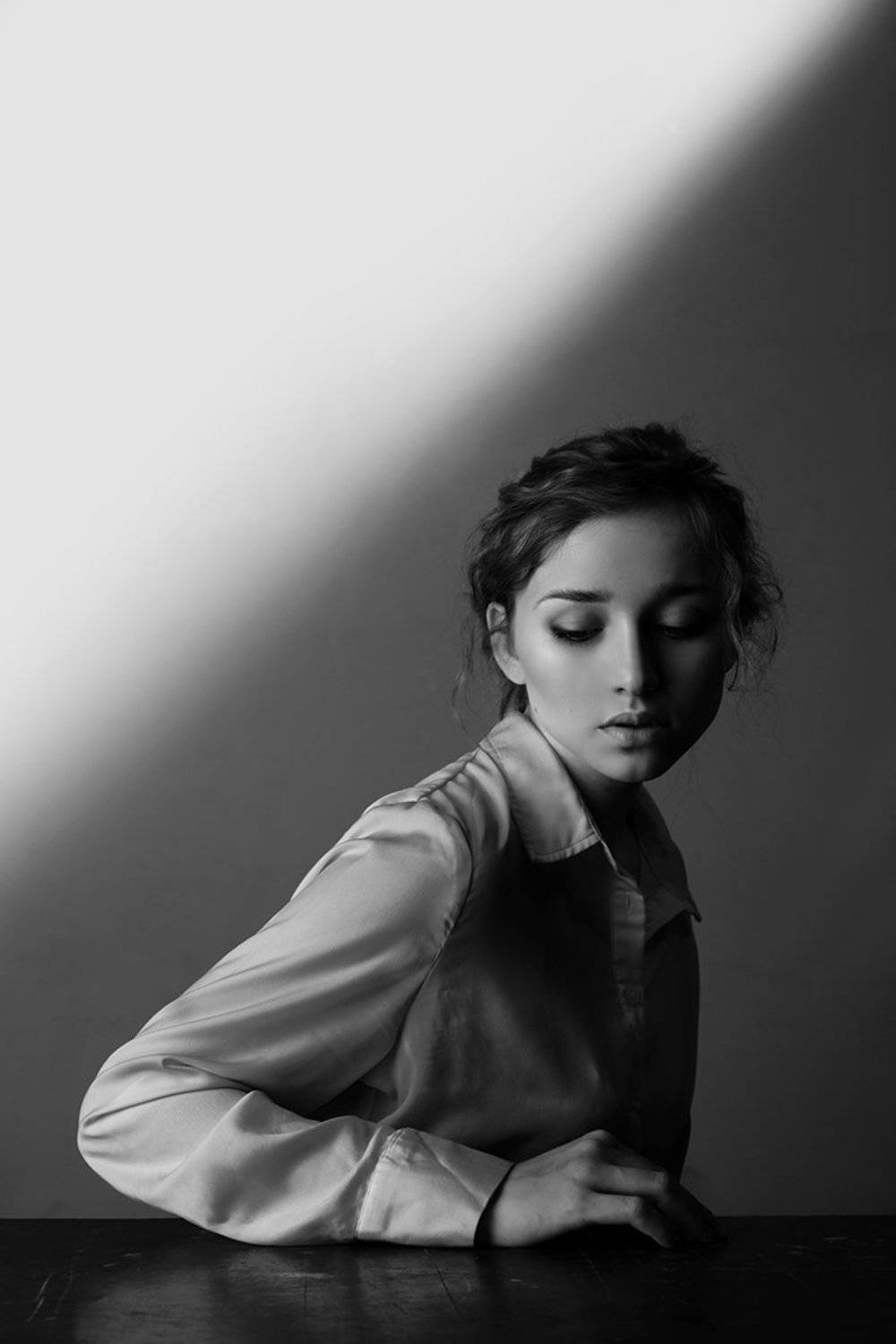 Black & white, Face, Girl, Light, Portrait, Studio, Лицо, Свет, Студия, Черно-белое, Kamilla Hanapova