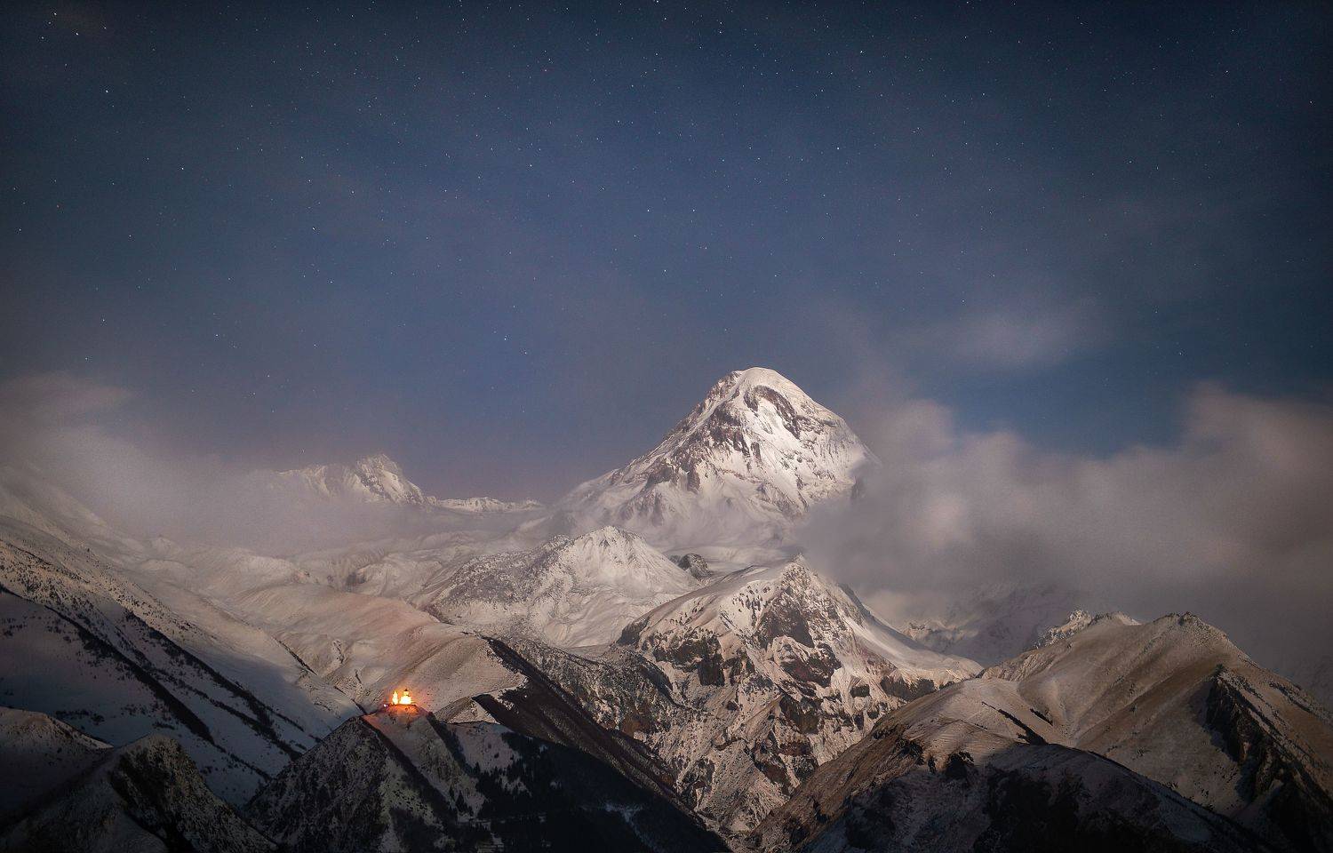 Georgia, landscape, nature, night, long exposure, mountains, winter, snow, Helen Vasilieva
