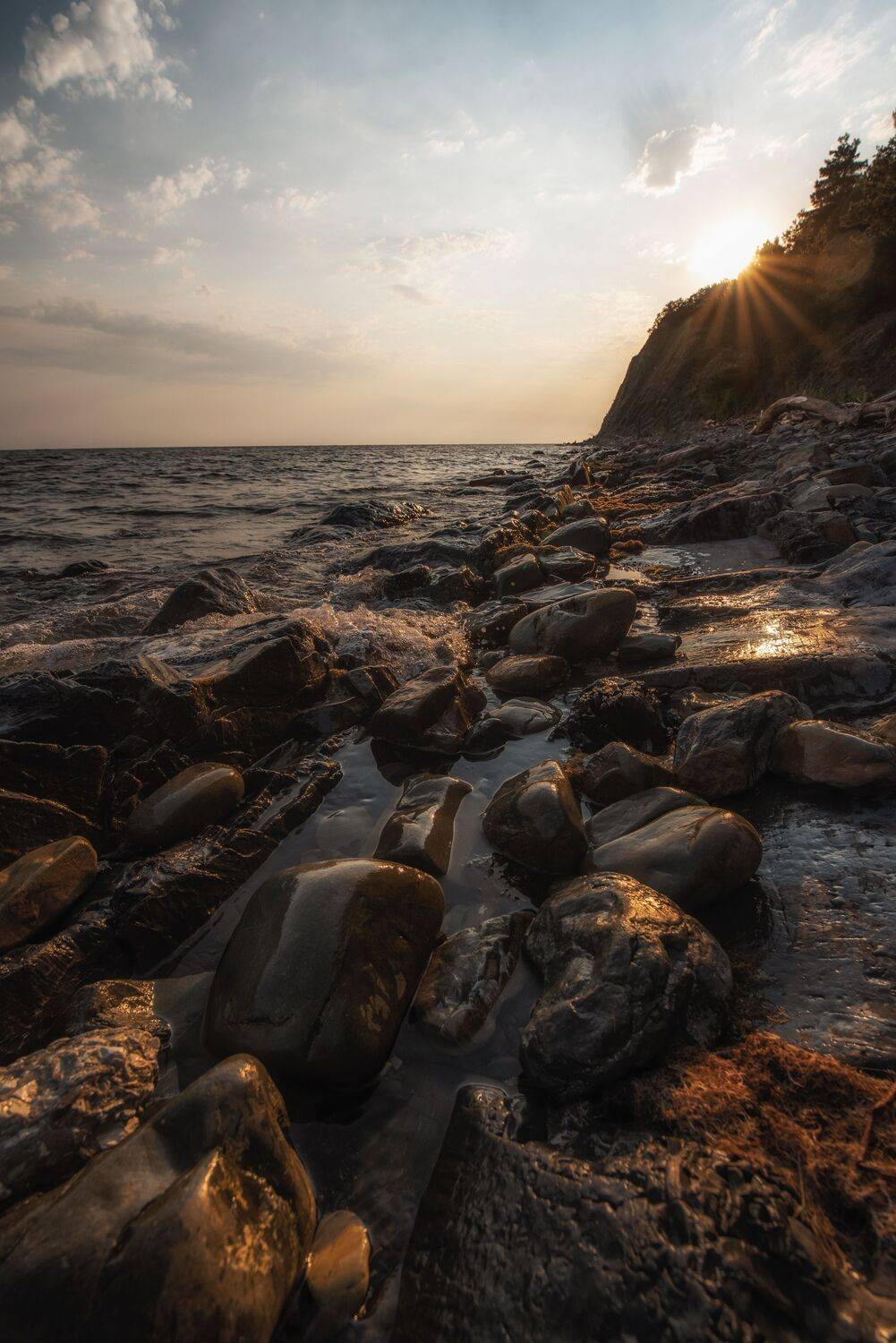 море, закат, камни, солнце, небо, горы, Дмитрий Величко