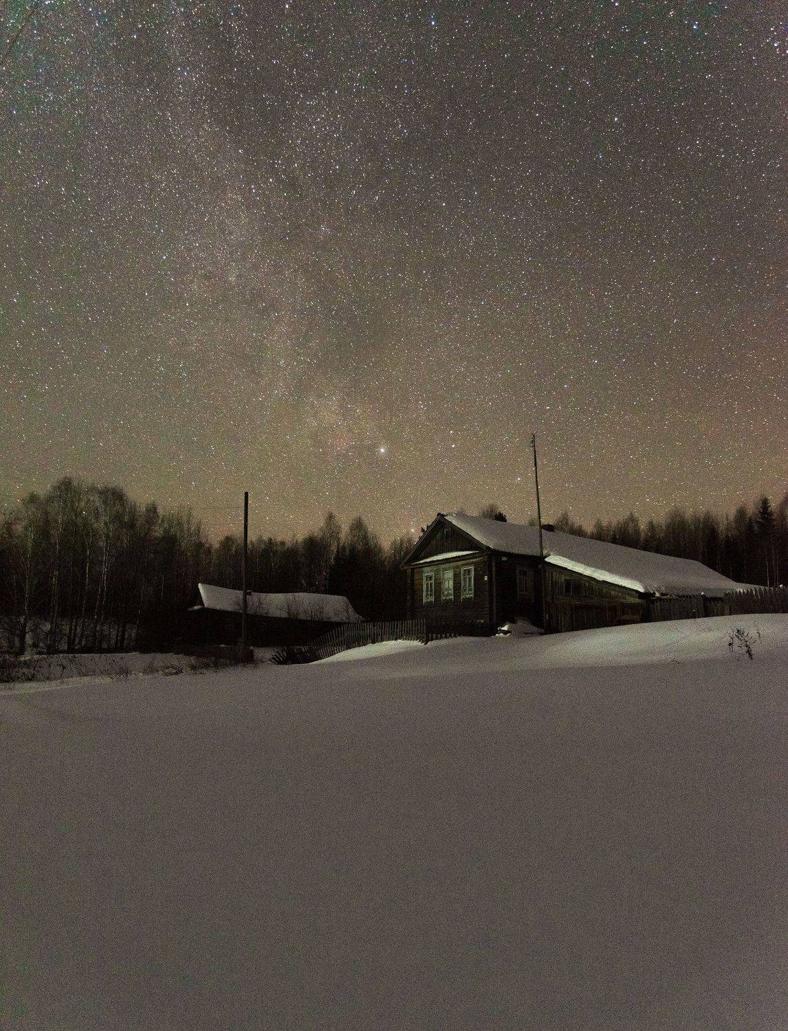звезды, домик, деревня, ночь, Карепанов Евгений