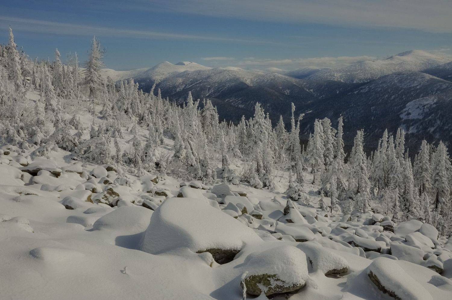 россия, хакасия, кузнецкий алатау, зима, вид, горы, ели, снег, курумник, Холзаков Вячеслав
