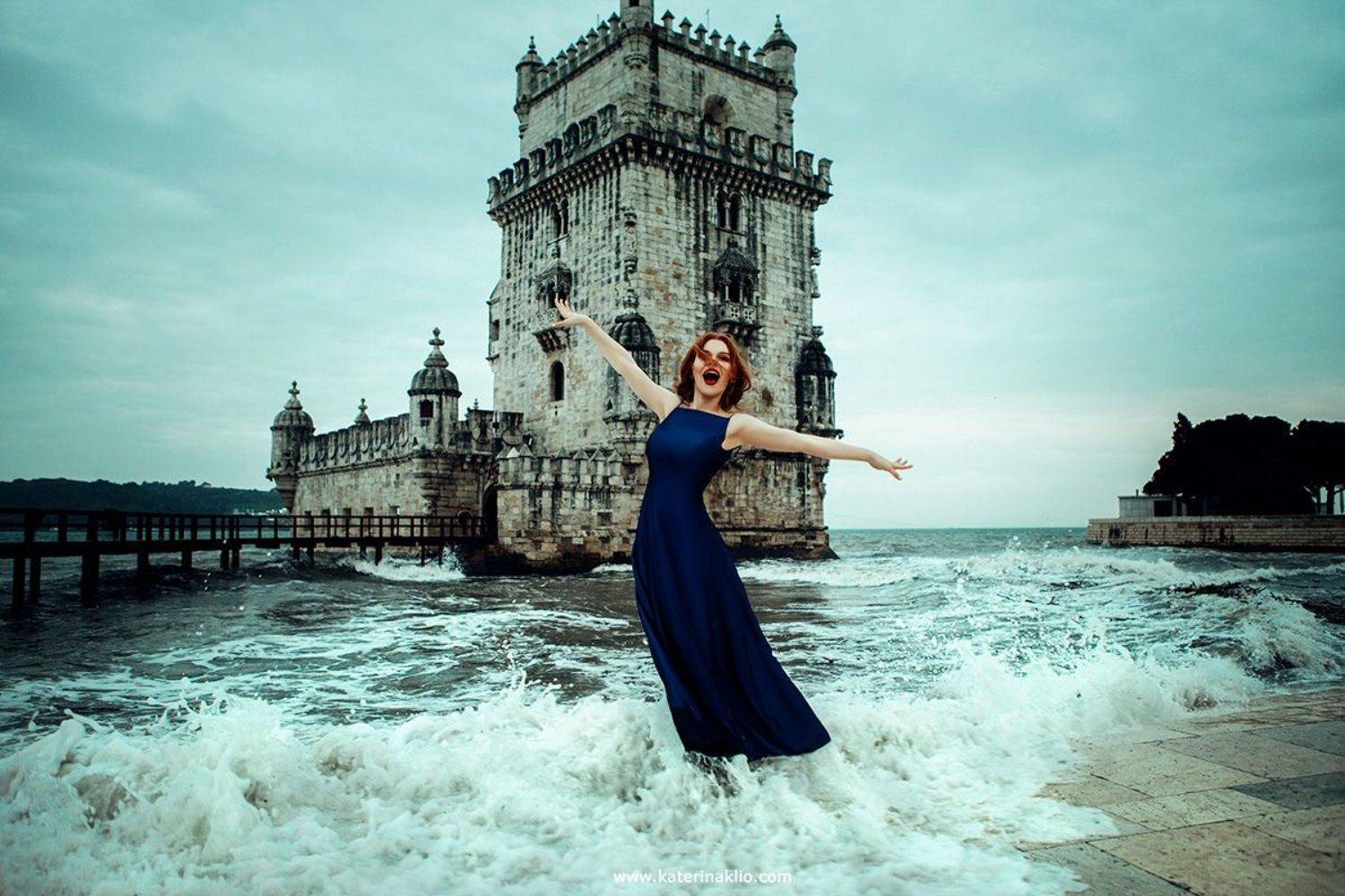 dancer, dance, palm, beach, belem, tower, queen, dark, sea, Portugal, Lisbon, waves, beauty, model, woman, blue, dress, feeling, beautiful, dark tower, Катерина Клио