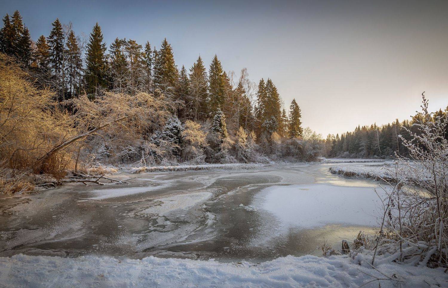 река, снег, зима, лёд, лес, иней, Сергей Аникин