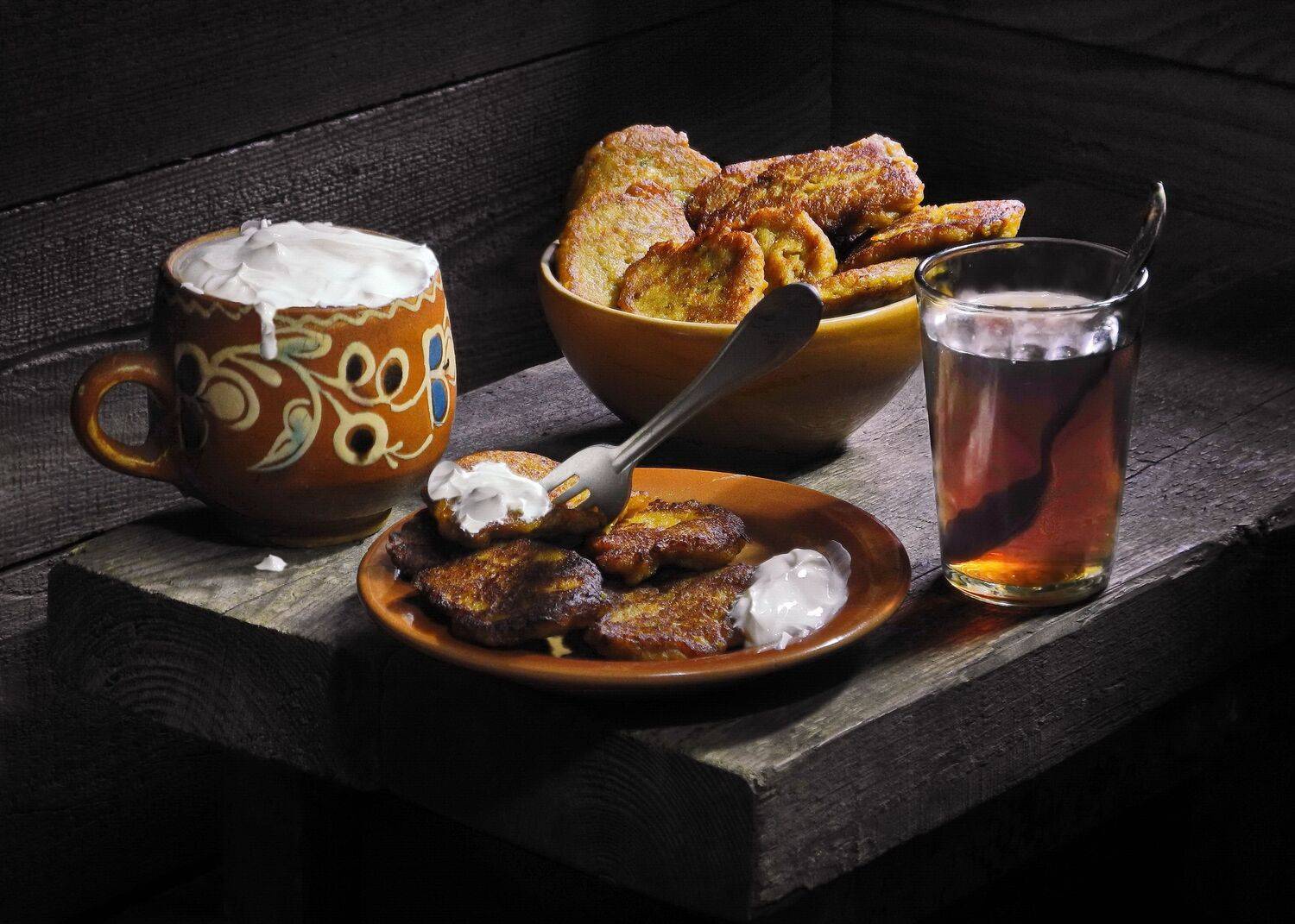 еда, оладьи, чай, сметана,, Сергей Фунтовой